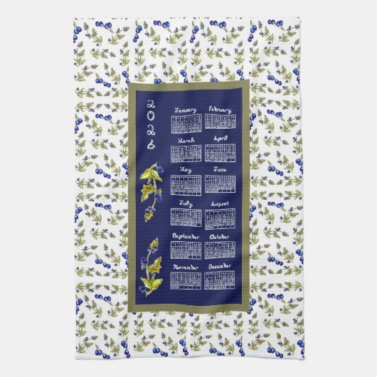 2026 Calendar Blueberries On Stem Vine Leaves Navy Theedoek (Verticaal)