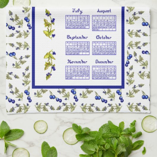 2026 Calendar Blueberries Stem Leaves White Theedoek (Gevouwen)