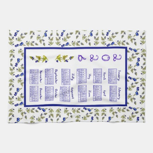 2026 Calendar Blueberries Stem Leaves White Theedoek (Horizontaal)