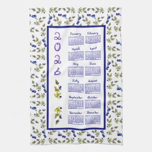 2026 Calendar Blueberries Stem Leaves White Theedoek (Verticaal)