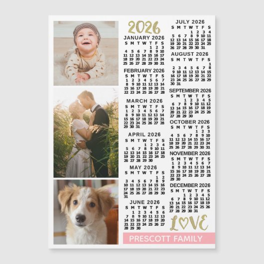 2026 Calendar Blush Pink Gold Custom Photos Magnet (Voorkant)