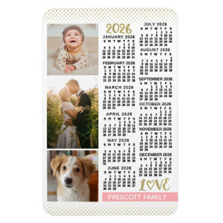 2026 Calendar Blush Pink Gold Family Photo Collage Magneet