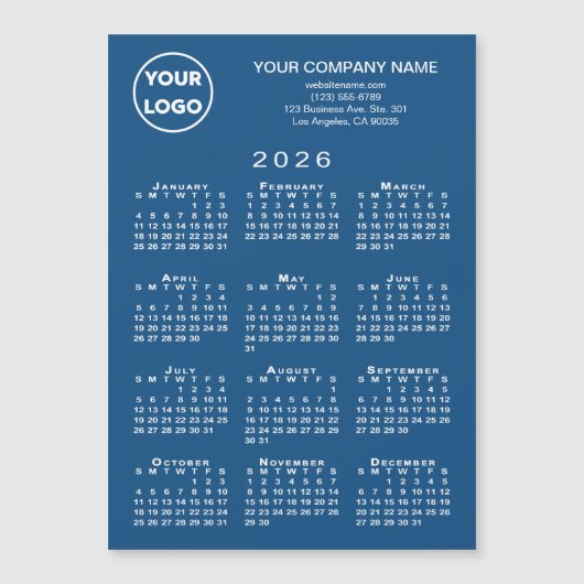 2026 Calendar Business Logo Text Blue Magnet Card (Voorkant)