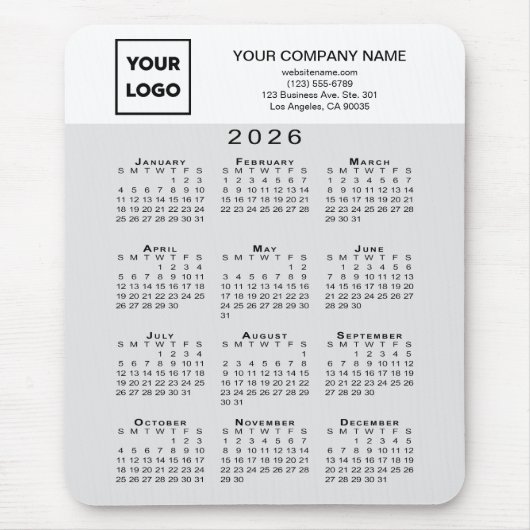 2026 Calendar Business Logo Text Light Grey White Muismat (Voorkant)