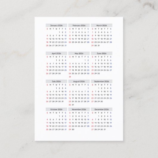 2026 Calendar Card: Sunday Start, Black & White  Visitekaartje (Achterkant)