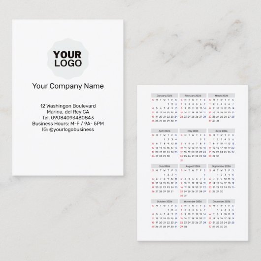 2026 Calendar Card: Sunday Start, Black & White  Visitekaartje (Voorkant / Achterkant)