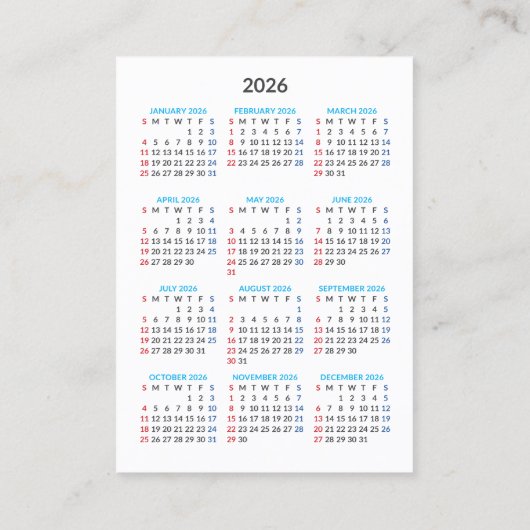 2026 Calendar Card: Sunday Start Visitekaartje (Achterkant)