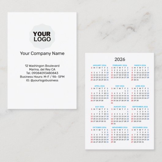 2026 Calendar Card: Sunday Start Visitekaartje (Voorkant / Achterkant)