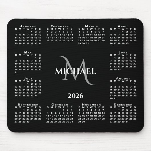 2026 Calendar Chic Monogram Name on Black Muismat (Voorkant)