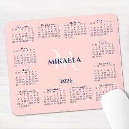 2026 Calendar Chic Monogram Name on Coral Pink Muismat