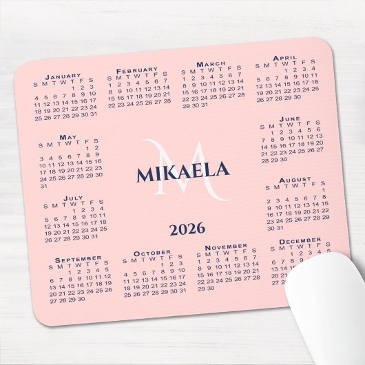 2026 Calendar Chic Monogram Name on Coral Pink Muismat