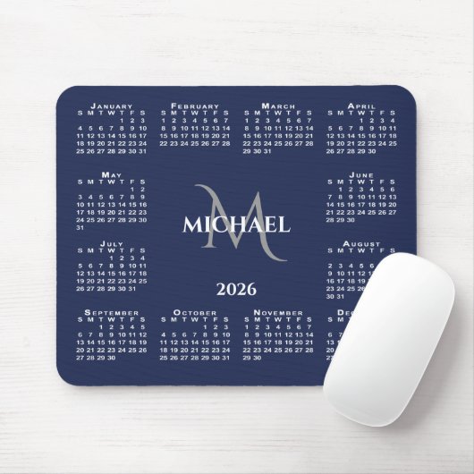2026 Calendar Chic Monogram Name on Navy Blue Muismat (Met muis)