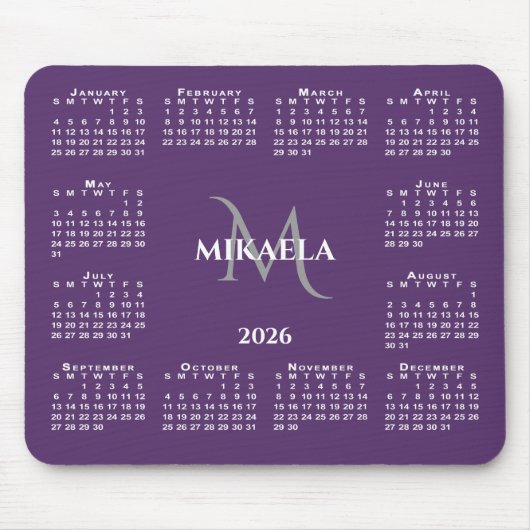2026 Calendar Chic Monogram Name on Purple Muismat (Voorkant)