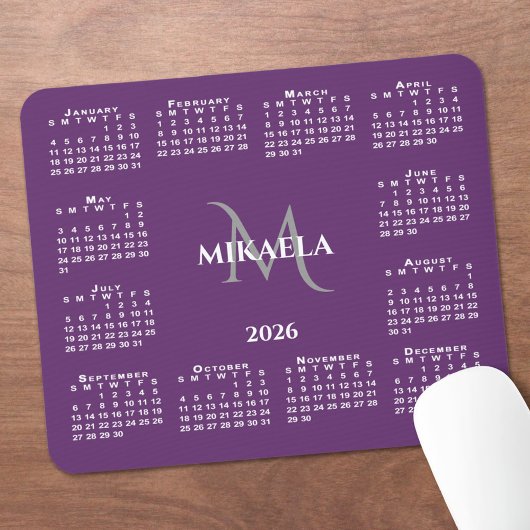 2026 Calendar Chic Monogram Name on Purple Muismat