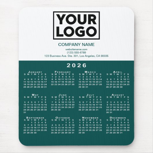 2026 Calendar Company Logo and Text Teal White Muismat (Voorkant)