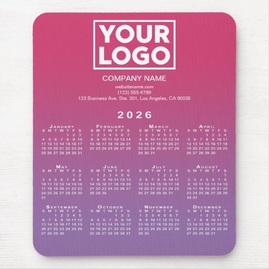 2026 Calendar Company Logo Pink to Purple Gradient Muismat (Voorkant)