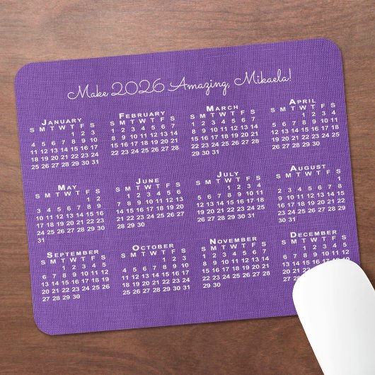 2026 Calendar Custom Name Purple Linen Photo Muismat