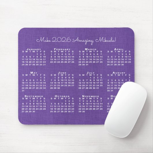 2026 Calendar Custom Name Purple Linen Photo Muismat (Met muis)