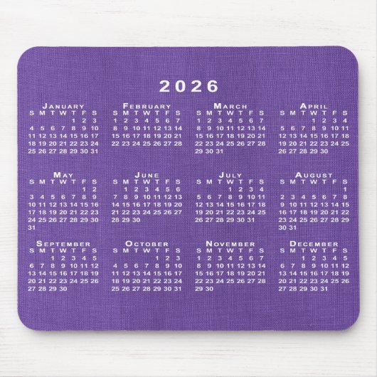 2026 Calendar Custom Photo Purple Linen Texture Muismat (Voorkant)