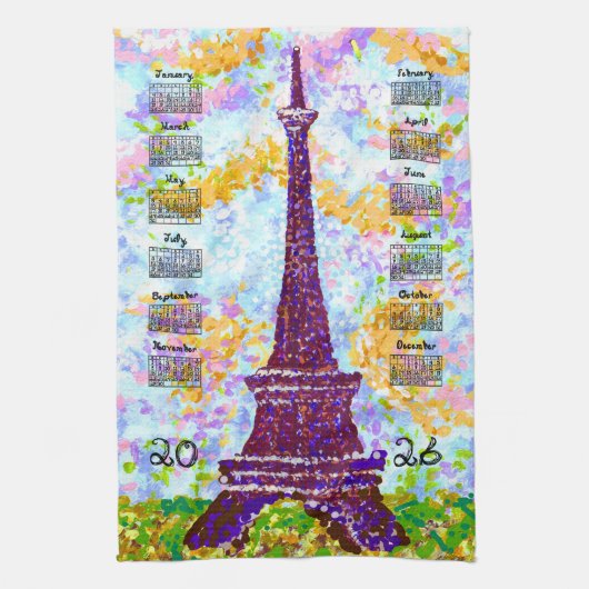 2026 Calendar Eiffel Tower Pointillism Landscape Theedoek (Verticaal)