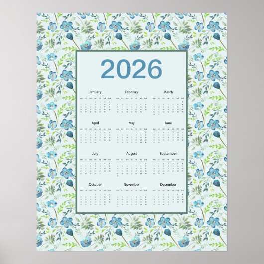 2026 Calendar Full Year Blue Floral Poster (Voorkant)