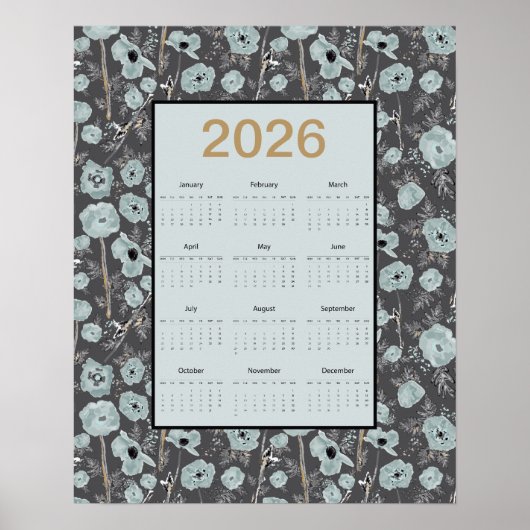 2026 Calendar Full Year Blue Gray Poppies Poster (Voorkant)