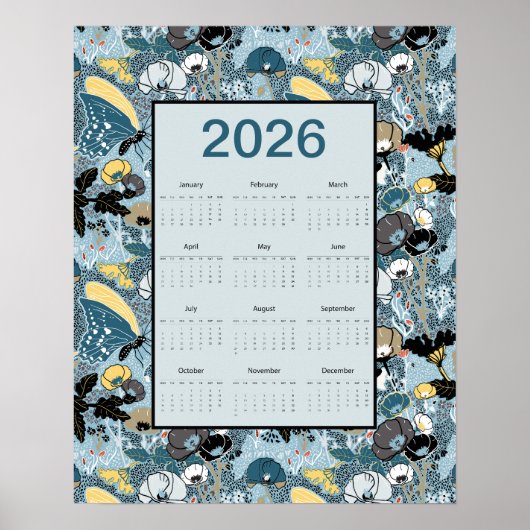 2026 Calendar Full Year Floral Butterflies Poster (Voorkant)