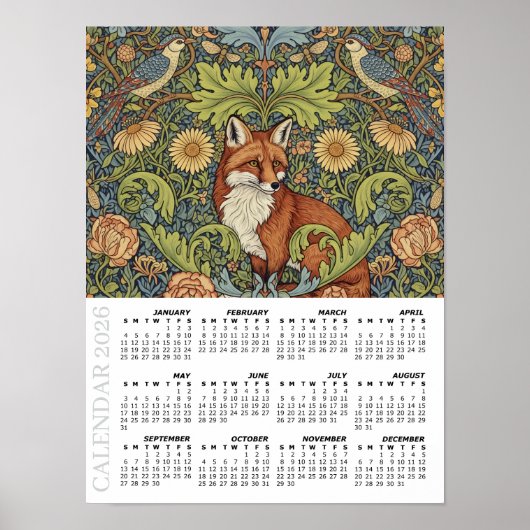 2026 Calendar, Garden Fox, Hoopoe, William Morris Poster (Voorkant)