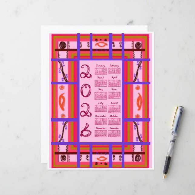 2026 Calendar Girl Power Curvy Plaid Berry Fabric  (Voorkant / Achterkant in situ)