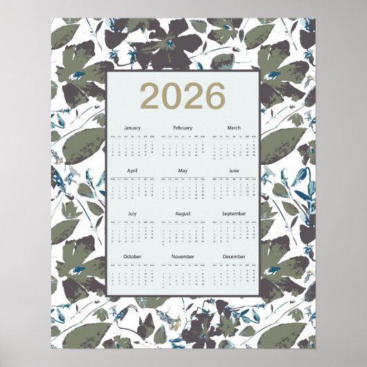 2026 Calendar Green Blue Clematis Floral Poster (Voorkant)