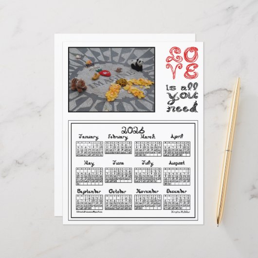 2026 Calendar Imagine Peace Photo Love Fabric Font (Voorkant / Achterkant in situ)