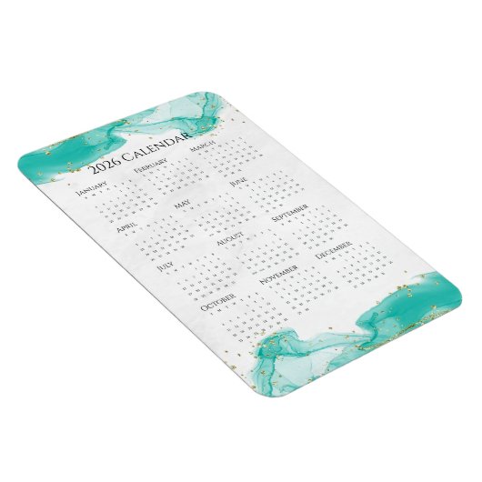 2026 Calendar Marbled Waves Tropical Teal and Gold Magneet (Rechterzijde)