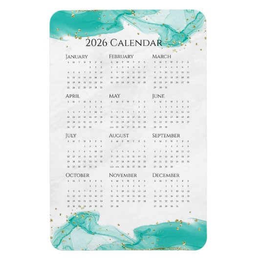 2026 Calendar Marbled Waves Tropical Teal and Gold Magneet (Verticaal)