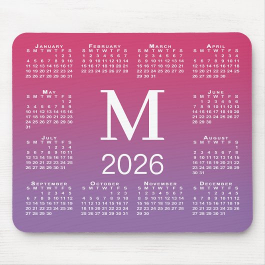 2026 Calendar Monogram on Pink to Purple Gradient Muismat (Voorkant)