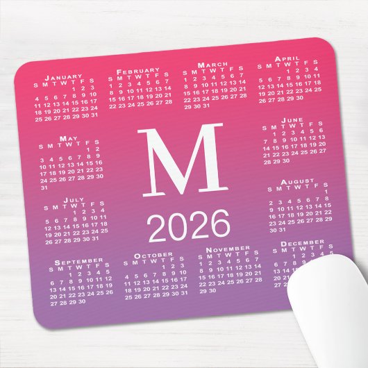 2026 Calendar Monogram on Pink to Purple Gradient Muismat