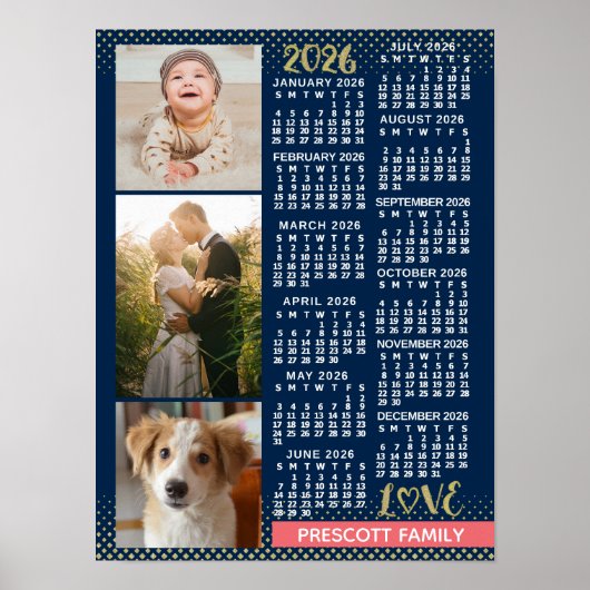 2026 Calendar Navy Coral Gold Family Photo Collage Poster (Voorkant)