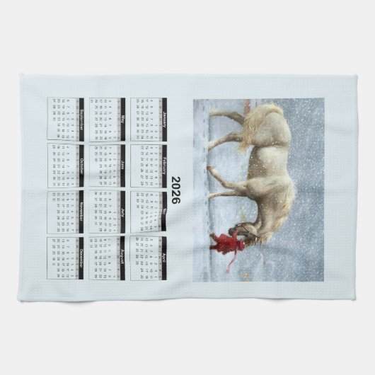 2026 Calendar of a Horse and Girl in Winter Snow Theedoek (Horizontaal)