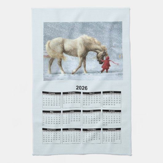 2026 Calendar of a Horse and Girl in Winter Snow Theedoek (Verticaal)