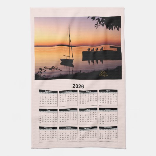 2026 Calendar of a Sunset on Lake with Silhouette  Theedoek (Verticaal)