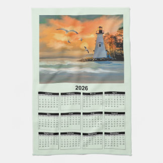 2026 Calendar of a White Lighthouse in Sunset Theedoek