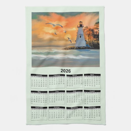2026 Calendar of a White Lighthouse in Sunset Theedoek (Verticaal)