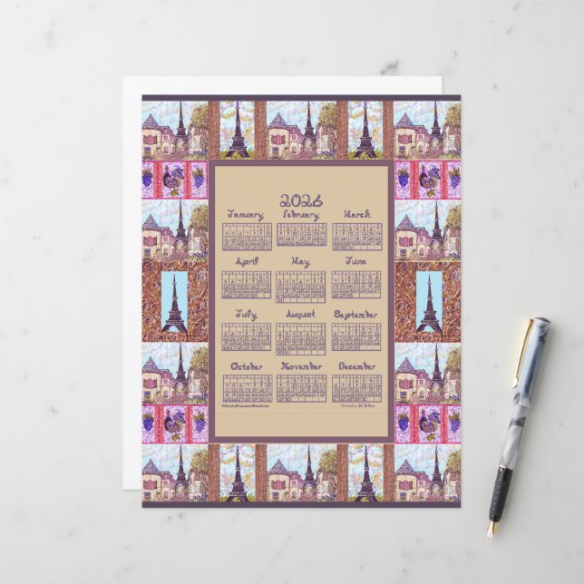 2026 Calendar Paris Eiffel Tower Pointillism Art (Voorkant / Achterkant in situ)