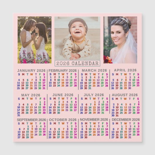 2026 Calendar Pink Family Photo Collage Magnet (Voorkant)