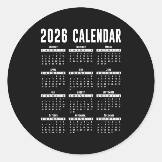 2026 Calendar Shirt 26 Calendar 2026 Ronde Sticker (Voorkant)