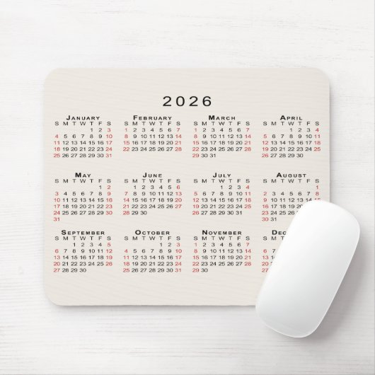 2026 Calendar Simple Beige Black Red Muismat (Met muis)