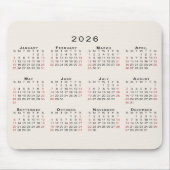 2026 Calendar Simple Beige Black Red Muismat (Voorkant)