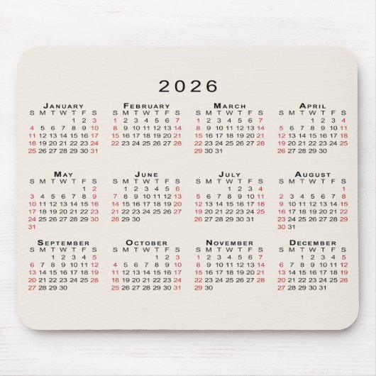 2026 Calendar Simple Beige Black Red Muismat (Voorkant)