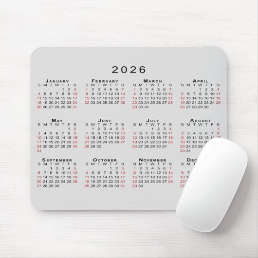 2026 Calendar Simple Gray Black Red Muismat (Met muis)