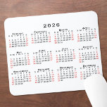 2026 Calendar Simple White Black Red Muismat<br><div class="desc">Simple, professional calendar mousepad features a modern 2026 calendar with black weekdays and red weekend dates on a white background. If you'd like a different color background, tap "Click to customize further" and select a background color in the sidebar. Click "Done" and then "Add to Cart" to purchase your customized...</div>