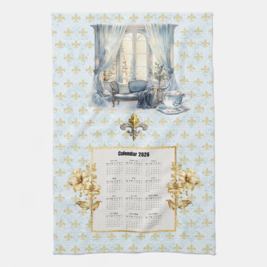 2026 Calendar Towel Blue Fleur de Lis Parisian Theedoek (Verticaal)